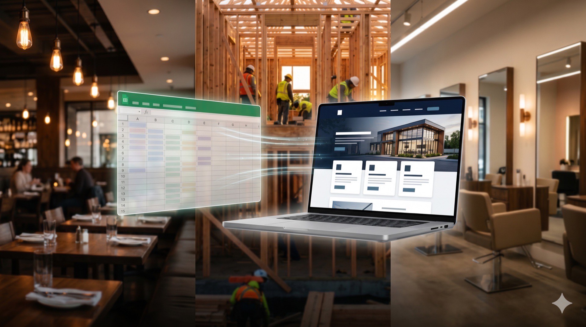 Google Sheets spreadsheet flowing into a professional website — shown across restaurant, construction, and salon industries