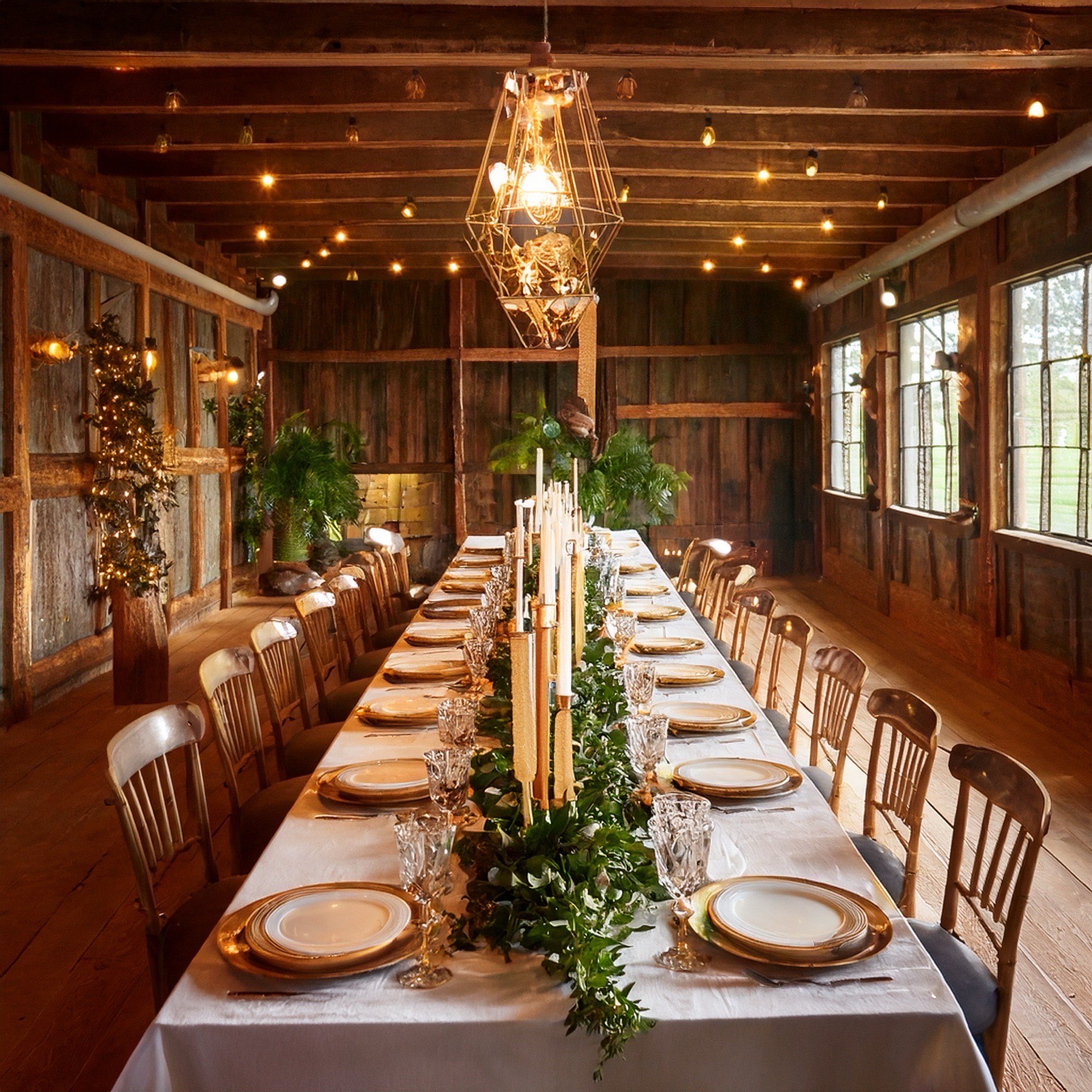 Elegant barn interior set for a reception with Edison lighting and wooden beams