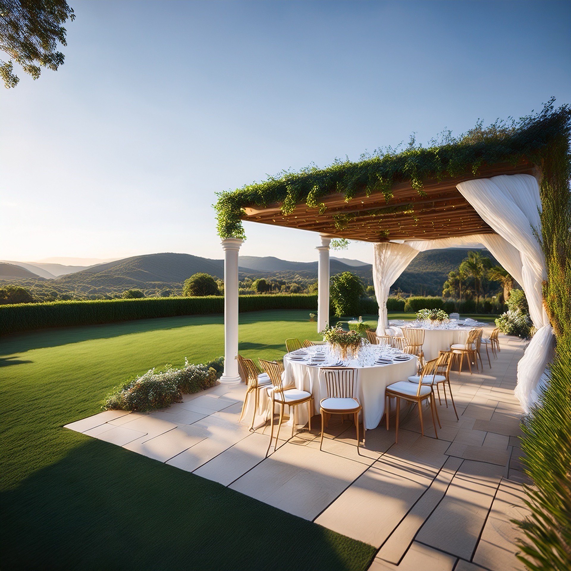 Garden terrace with bistro tables and pergola at golden hour