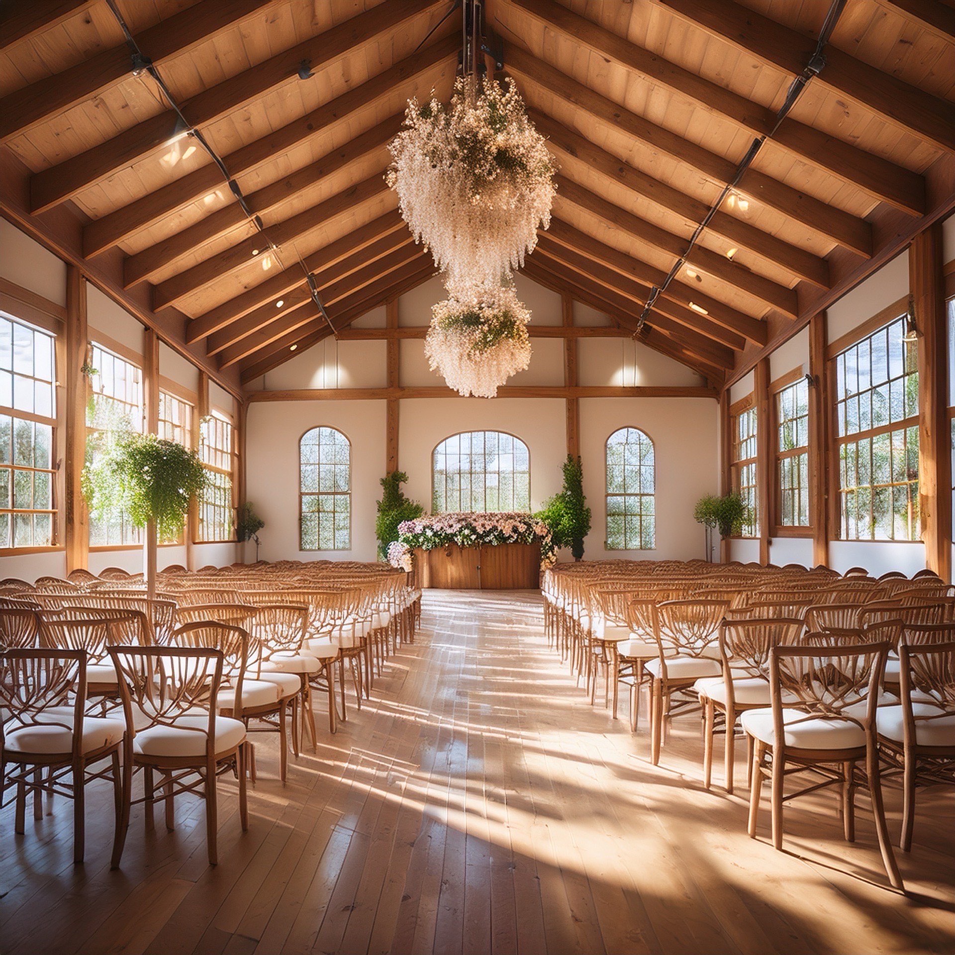 The Grand Barn interior with exposed timber beams and Edison lighting